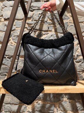 Chanel 2023 Black Shearling Chanel 22 Quilted Hobo Bag
